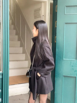 Yukima high neck buckle collar neck two-way belt half coat