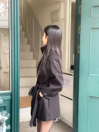 Yukima high neck buckle collar neck two-way belt half coat