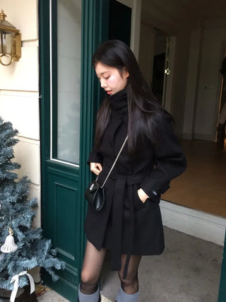Yukima high neck buckle collar neck two-way belt half coat