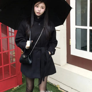 Yukima high neck buckle collar neck two-way belt half coat