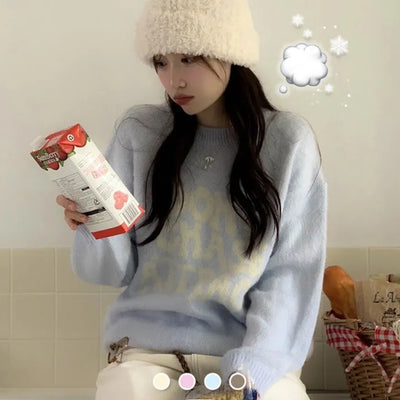 Soft candy pastel loose fit two-tone lettering brush round neck knit