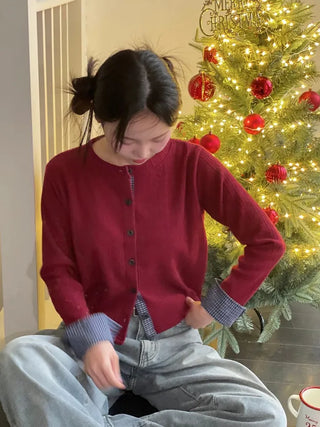 Ricozy check color scheme button loose fit knit cardigan