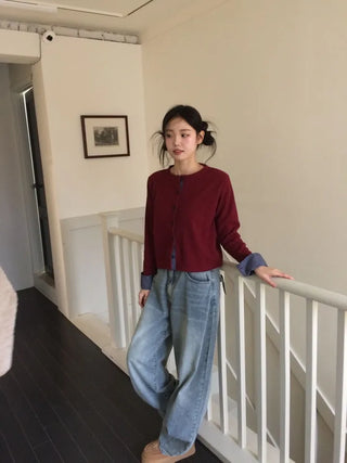 Ricozy check color scheme button loose fit knit cardigan