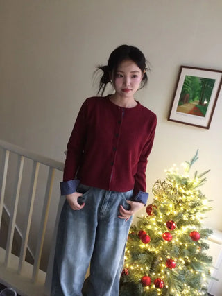 Ricozy check color scheme button loose fit knit cardigan
