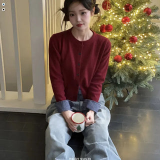 Ricozy check color scheme button loose fit knit cardigan