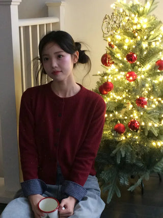 Ricozy check color scheme button loose fit knit cardigan