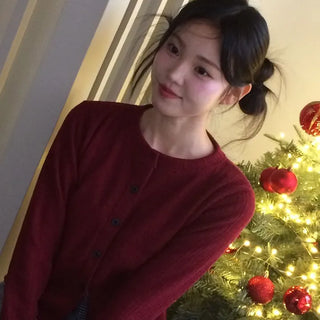 Ricozy check color scheme button loose fit knit cardigan
