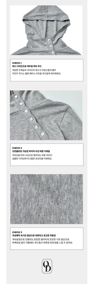 Moonlit diagonal button high-neck hooded fleece t-shirt