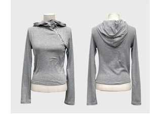 Moonlit diagonal button high-neck hooded fleece t-shirt