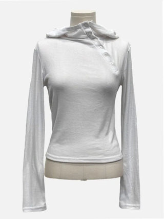 Moonlit diagonal button high-neck hooded fleece t-shirt