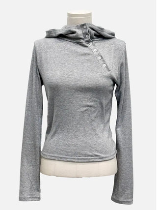 Moonlit diagonal button high-neck hooded fleece t-shirt