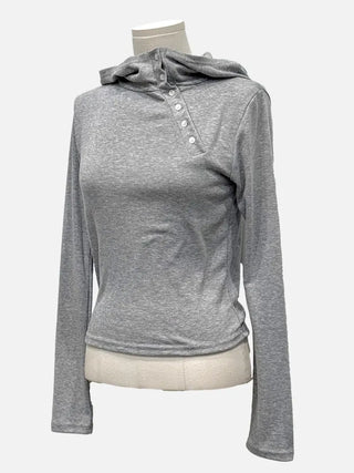 Moonlit diagonal button high-neck hooded fleece t-shirt
