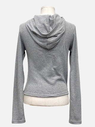 Moonlit diagonal button high-neck hooded fleece t-shirt
