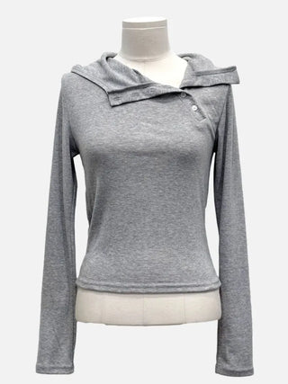Moonlit diagonal button high-neck hooded fleece t-shirt