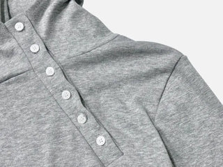 Moonlit diagonal button high-neck hooded fleece t-shirt