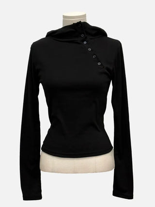 Moonlit diagonal button high-neck hooded fleece t-shirt