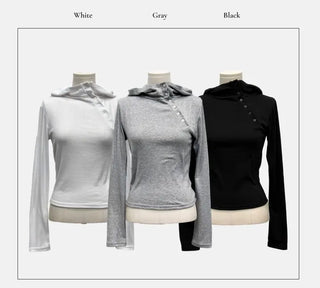 Moonlit diagonal button high-neck hooded fleece t-shirt