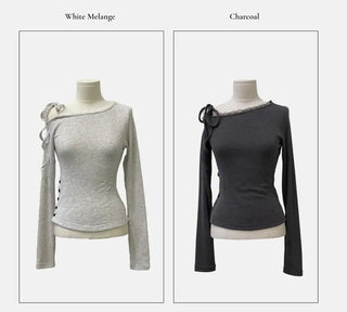 Winter Fleet Ribbon One-Shoulder Two-Color Button Team Frill Lace Fleece Glam Fit Knit T-Shirt