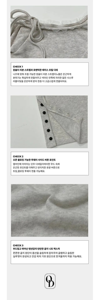 Winter Fleet Ribbon One-Shoulder Two-Color Button Team Frill Lace Fleece Glam Fit Knit T-Shirt