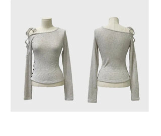 Winter Fleet Ribbon One-Shoulder Two-Color Button Team Frill Lace Fleece Glam Fit Knit T-Shirt