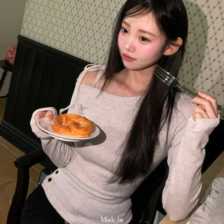 Winter Fleet Ribbon One-Shoulder Two-Color Button Team Frill Lace Fleece Glam Fit Knit T-Shirt