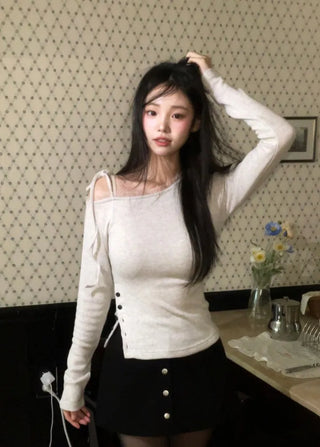 Winter Fleet Ribbon One-Shoulder Two-Color Button Team Frill Lace Fleece Glam Fit Knit T-Shirt