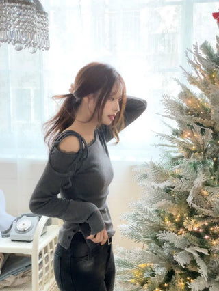 Winter Fleet Ribbon One-Shoulder Two-Color Button Team Frill Lace Fleece Glam Fit Knit T-Shirt