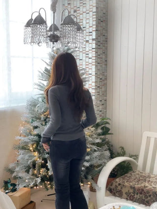 Winter Fleet Ribbon One-Shoulder Two-Color Button Team Frill Lace Fleece Glam Fit Knit T-Shirt