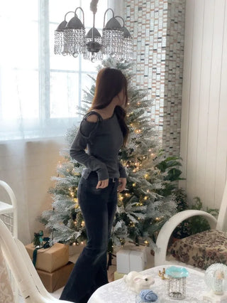 Winter Fleet Ribbon One-Shoulder Two-Color Button Team Frill Lace Fleece Glam Fit Knit T-Shirt