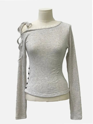 Winter Fleet Ribbon One-Shoulder Two-Color Button Team Frill Lace Fleece Glam Fit Knit T-Shirt