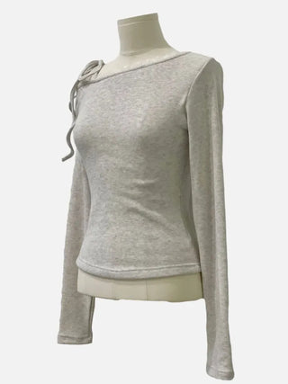 Winter Fleet Ribbon One-Shoulder Two-Color Button Team Frill Lace Fleece Glam Fit Knit T-Shirt
