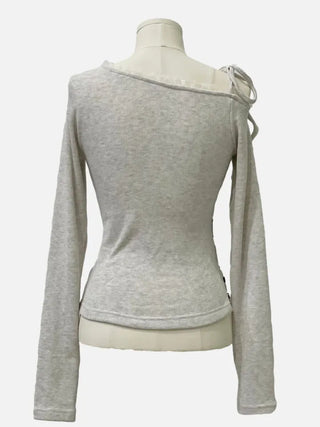 Winter Fleet Ribbon One-Shoulder Two-Color Button Team Frill Lace Fleece Glam Fit Knit T-Shirt