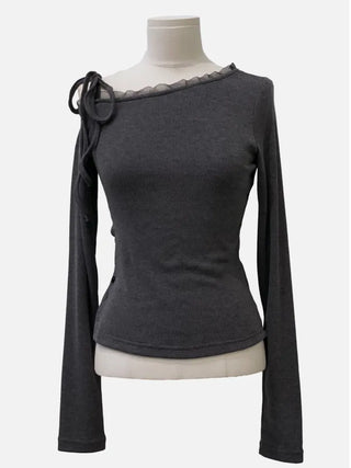 Winter Fleet Ribbon One-Shoulder Two-Color Button Team Frill Lace Fleece Glam Fit Knit T-Shirt