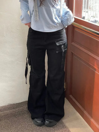 Lift Pocket Strap Bootcut Black Cargo Pants