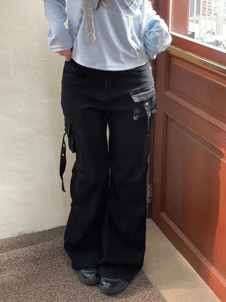 Lift Pocket Strap Bootcut Black Cargo Pants