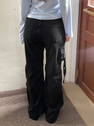 Lift Pocket Strap Bootcut Black Cargo Pants