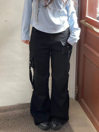 Lift Pocket Strap Bootcut Black Cargo Pants