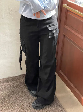 Lift Pocket Strap Bootcut Black Cargo Pants