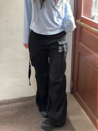 Lift Pocket Strap Bootcut Black Cargo Pants
