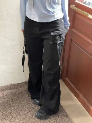 Lift Pocket Strap Bootcut Black Cargo Pants