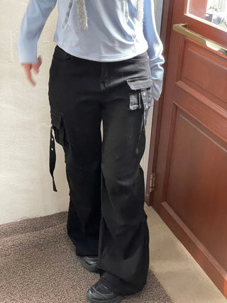 Lift Pocket Strap Bootcut Black Cargo Pants