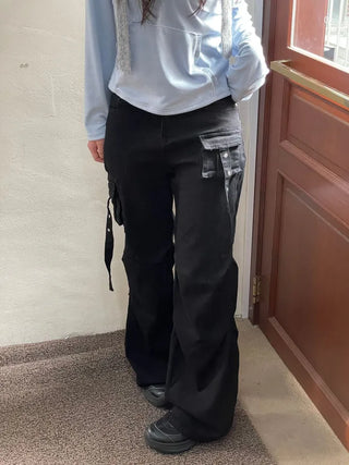 Lift Pocket Strap Bootcut Black Cargo Pants
