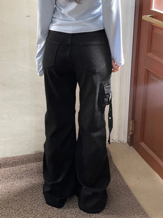 Lift Pocket Strap Bootcut Black Cargo Pants