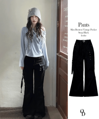 Lift Pocket Strap Bootcut Black Cargo Pants