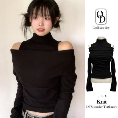 Kumo Soft Glam Fit Drape Shirring Off-Shoulder High Neck Polar Layered Knit