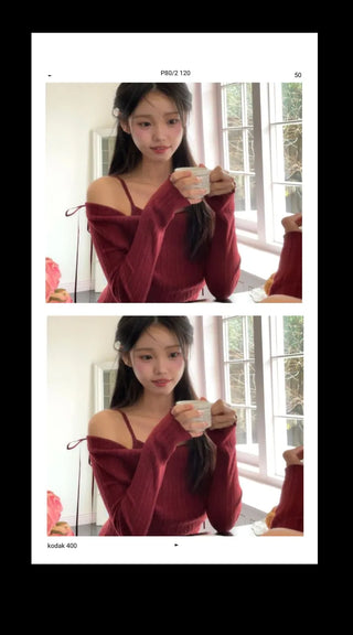 Roseni Glamfit Shoulder Ribbon Strap Drape Shirring Off-Shoulder Nashi Knit