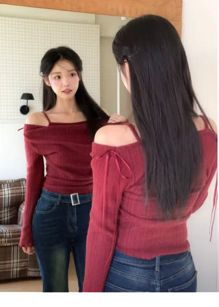 Roseni Glamfit Shoulder Ribbon Strap Drape Shirring Off-Shoulder Nashi Knit