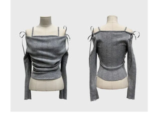 Roseni Glamfit Shoulder Ribbon Strap Drape Shirring Off-Shoulder Nashi Knit