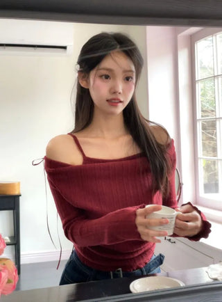 Roseni Glamfit Shoulder Ribbon Strap Drape Shirring Off-Shoulder Nashi Knit
