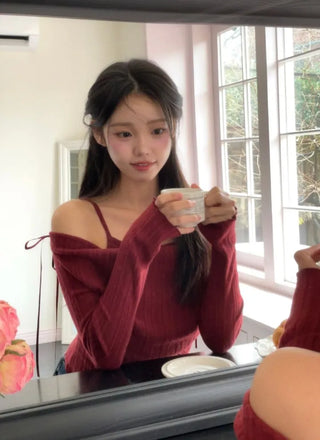 Roseni Glamfit Shoulder Ribbon Strap Drape Shirring Off-Shoulder Nashi Knit